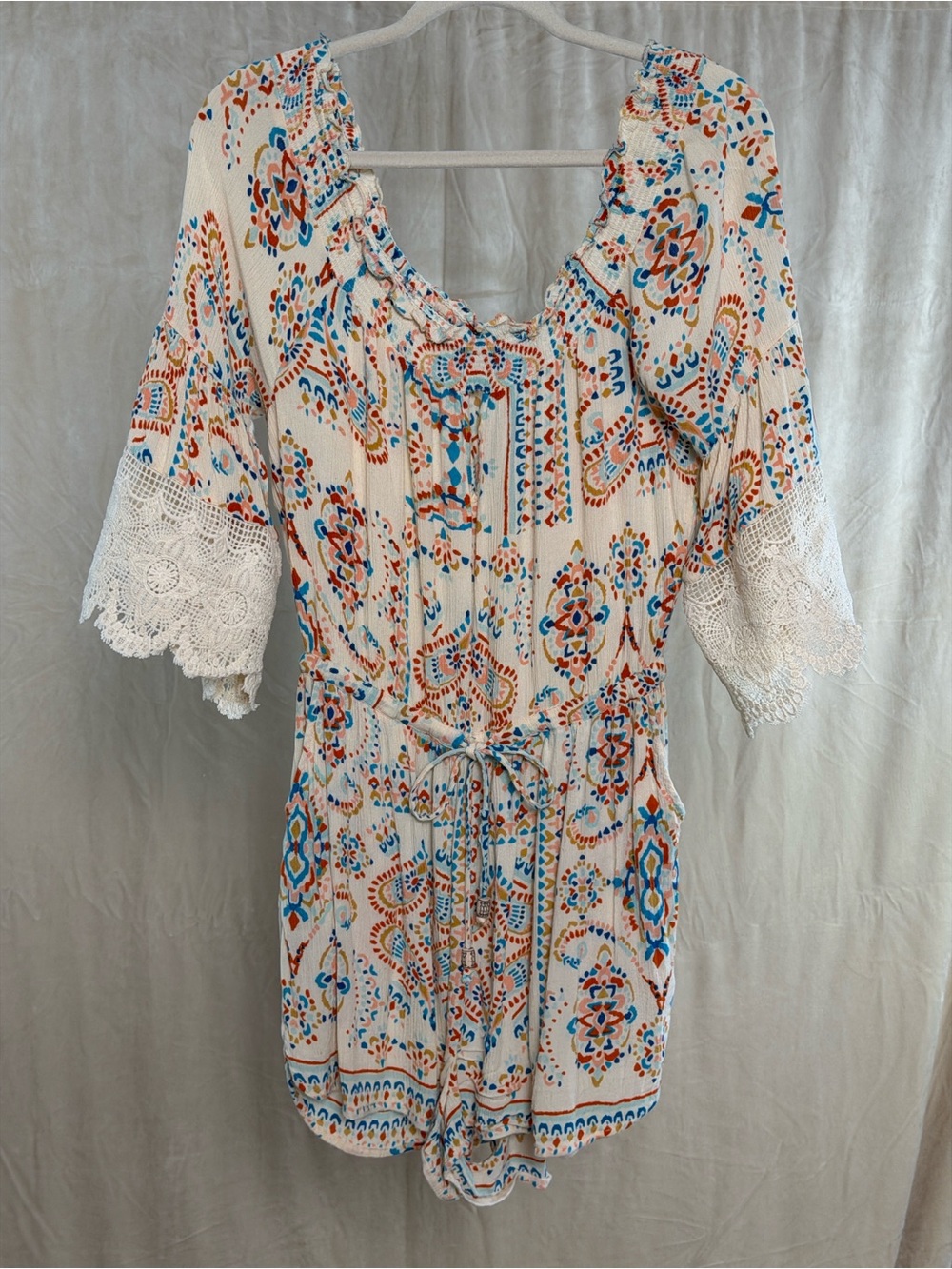 Patrons of Peace Cream Boho Floral Print Romper with Lace Trim